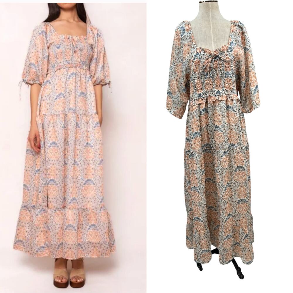 Ivy City Co. Nora Maxi Dress Floral Print Smocked Orange Blue‎ Plus Size 1X